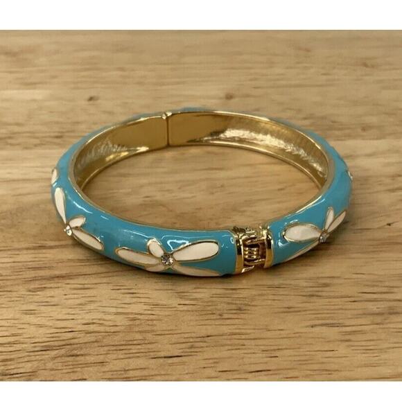 Vintage Style Blue Turquoise Aqua and Gold Rhinestone Bangle Fashion Jewelry - Picture 4 of 12
